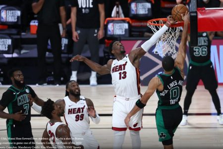 REJECTED! Miami Heat forward Bam Adebayo turns back Boston Celtics’ Jayson Tatum’s dunk attempt during Tuesday night’s game one of the NBA Eastern Conference semi-finals. (Photo credit USA Today/Reuters)