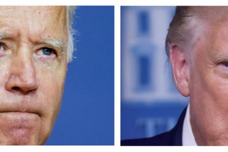 FILE PHOTO: A combination picture shows democratic U.S. presidential nominee and former Vice President Joe Biden pausing while speaking about U.S. President Donald Trump's reported remarks about fallen U.S. military personnel, at a campaign event in Wilmington, Delaware, U.S., and U.S. President Donald Trump speaking during a news conference at the White House in Washington, U.S., September 4, 2020. REUTERS/Kevin Lamarque/Leah Millis/File Photo/File Photo