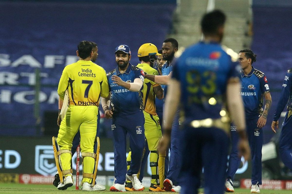 Kieron Pollard and the  Mumbai Indians players congratulate the Chennai Super Kings following the defending champions defeat in the opening match of this year’s IPL. (Photo courtesy IPL website)
