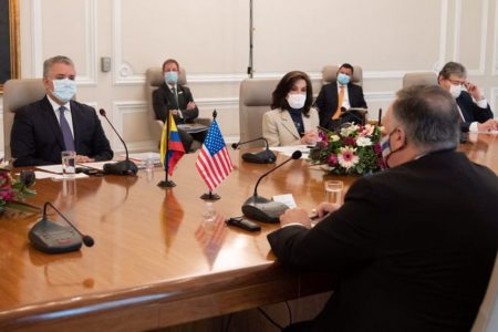 Colombian President Ivan Duque Marquez and U.S. Secretary of State Mike Pompeo meet with the Colombian government cabinet at the presidential house, in Bogota, Colombia September 19, 2020. Courtesy of Colombian Presidency/Handout via REUTERS