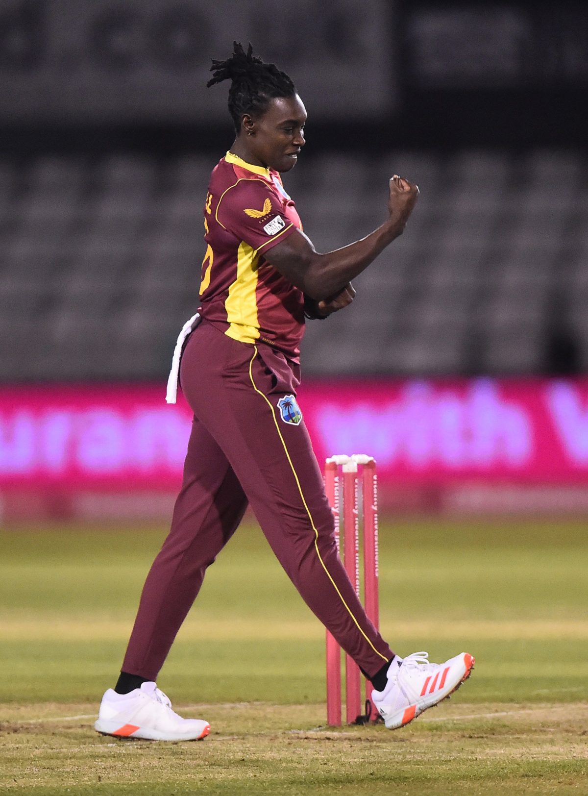 Fast bowler Shamilia Connell celebrates one of her three wickets during yesterday’s fifth T20 International. 
