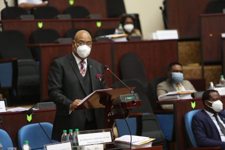 Public Works Minister Juan Edghill reading the budget speech (Department of Public Information photo)
