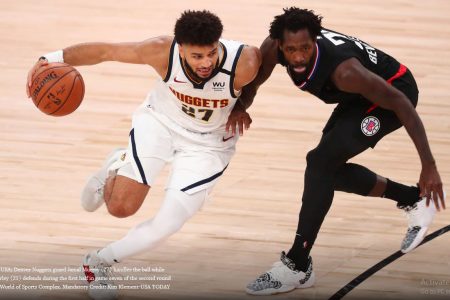 Denver Nuggets guard Jamal Murray, left, tries to go past Los Angeles Clippers’ Patrick Beverley during game seven of the Western Conference semi-finals Tuesday night. (Photo credit USA Today/Reuters)