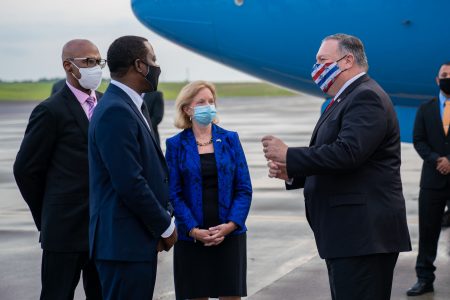 Pompeo arrives: US Secretary of State Mike Pompeo (right) being greeted on his arrival yesterday at the CJIA by Foreign Minister Hugh Todd (second from left). At centre is US Ambassador Sarah-Ann Lynch.
(Photo taken from Pompeo’s official Twitter account @SecPompeo)