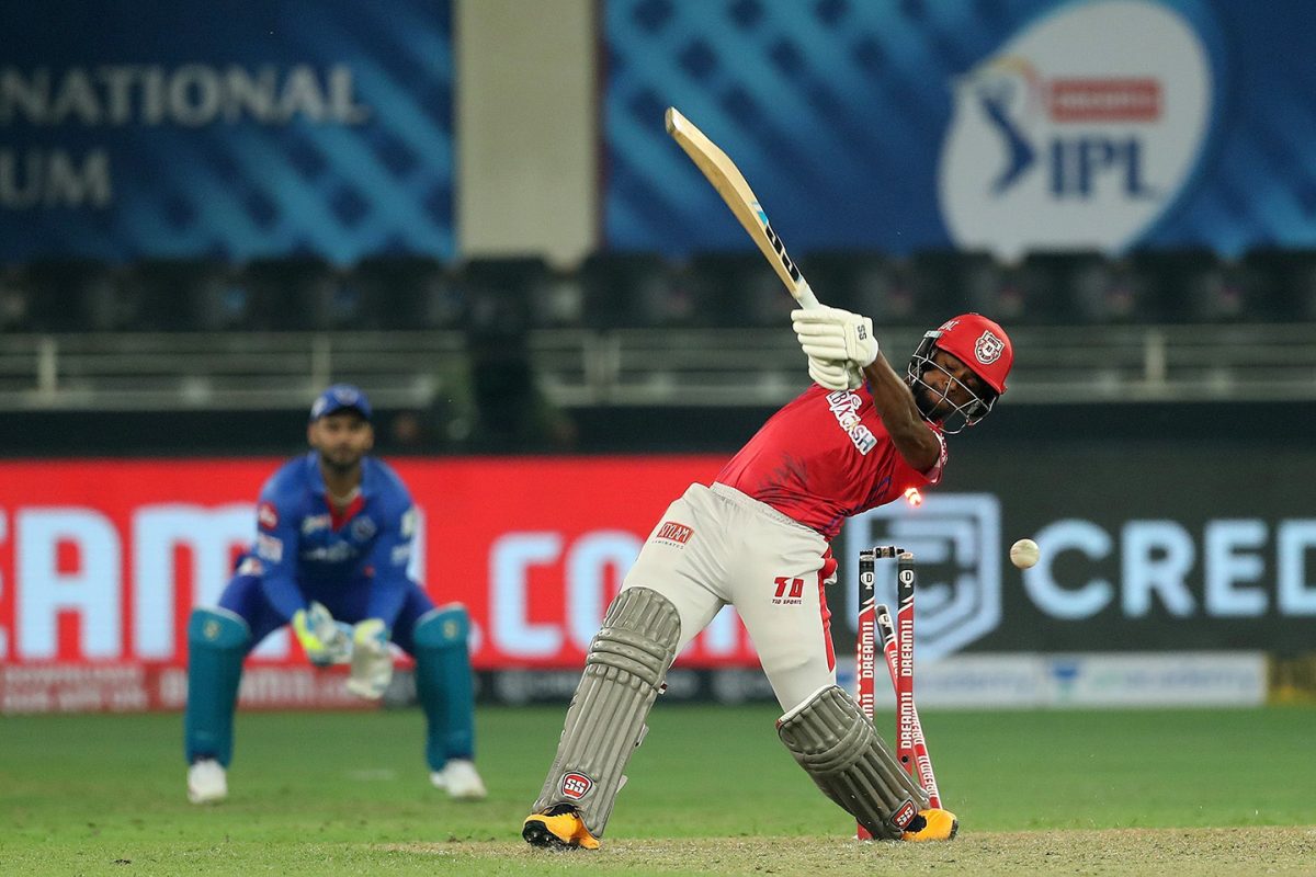 Nicholas Pooran of Kings XI Punjab is bowled by Kagiso Rabada of Delhi Capitals in the super over during match 2 of season 13 of Dream 11 Indian Premier League (IPL) between Delhi Capitals and Kings XI Punjab held at the Dubai International Cricket Stadium, Dubai in the United Arab Emirates yesterday. Photo by: Ron Gaunt / Sportzpics for BCCI