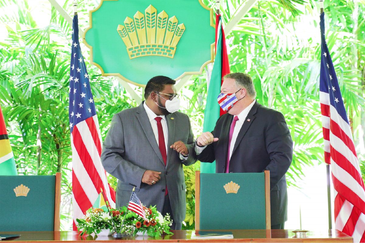 President Irfaan Ali and United States Secretary of State Michael Pompeo exchanging greetings at State House (Office of the President photo) 