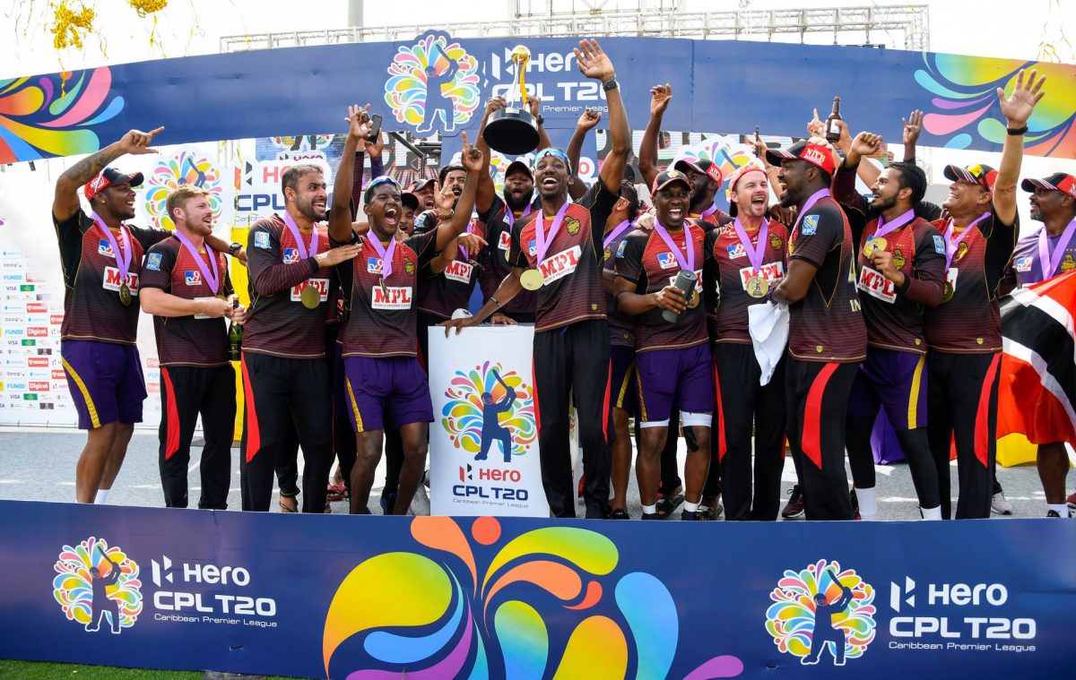 Trinbago Knight Riders celebrate winning the Hero Caribbean Premier League title against the St Lucia Zouks at the Brian Lara Cricket Academy in Tarouba, San Fernando on Tuesday. (Photo by Randy Brooks – CPL T20/CPL T20 via Getty Images)