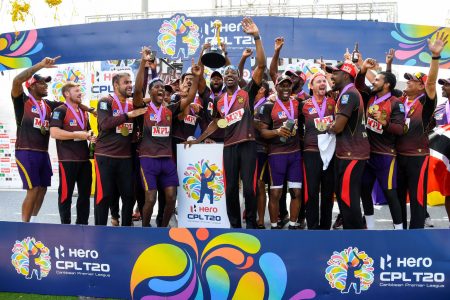 Trinbago Knight Riders celebrate winning the Hero Caribbean Premier League title against the St Lucia Zouks at the Brian Lara Cricket Academy in Tarouba, San Fernando on Tuesday. (Photo by Randy Brooks - CPL T20/CPL T20 via Getty Images)