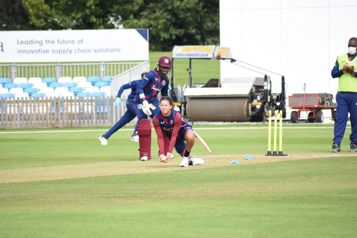 Action in the first practice match between Deandra Dottin’s team and Stafanie Taylor’s team as the West Indies women’s team prepares for their upcoming T20 series against England women.
