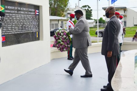 President Irfaan Ali about to lay a wreath. (Orlando Charles photo)