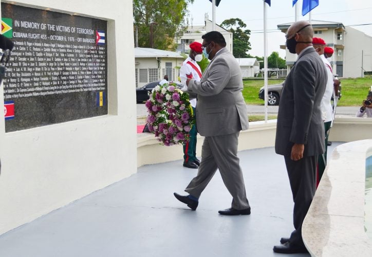 President Irfaan Ali about to lay a wreath. (Orlando Charles photo)