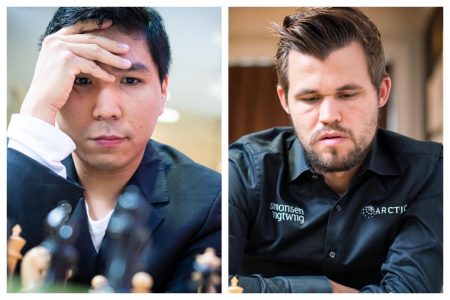 Wesley So (left) and world champion Magnus Carlsen (right) (Photo by Lennart Ootes) 