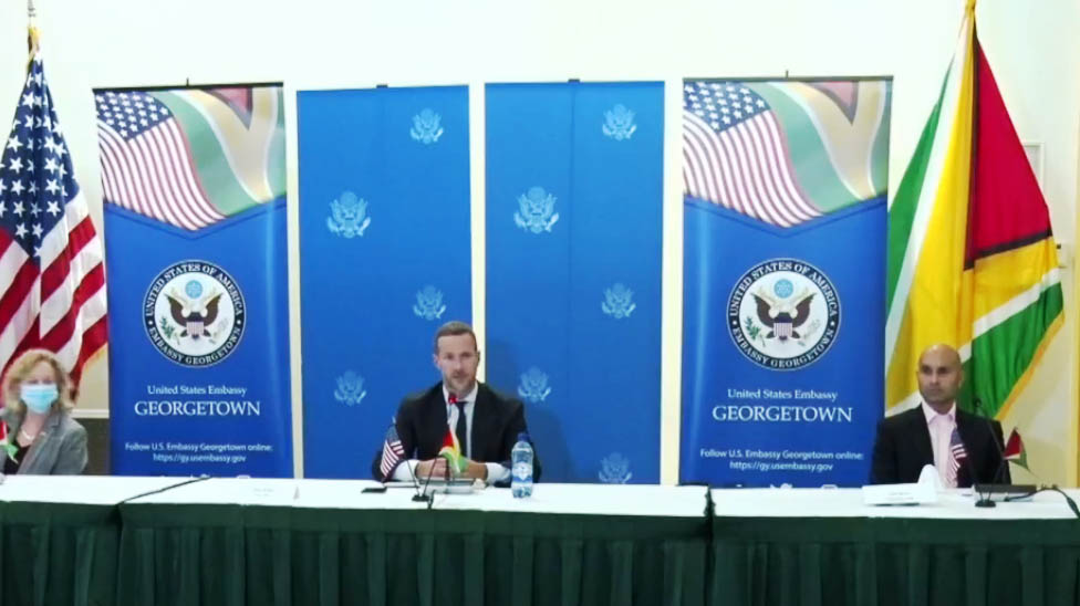 Head of America’s Development Bank, Adam Boehler (centre), US Ambassador Sarah-Ann Lynch (left) and Private Sector Commission Chairman Nicholas Deygoo-Boyer at the press conference held yesterday at the Pegasus Hotel.