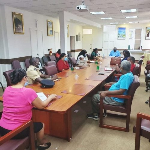 Meeting between the Ministry of Education and the representatives of the Guyana Police Force Traffic Department, President of the United Mini Bus Union, Route 42 United Mini Bus Society, Route 44 United Mini Bus Society, Director of the Department of Consumer Affairs, Ministry of Tourism, Industry and Commerce to discuss student transportation.  (MoE photo) 