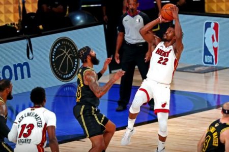 Miami Heat Jimmy Butler goes up for two of his 35 points during his team’s  victory over the Los Angeles Lakers Friday night that extended the series to tonight. (Mandatory credit Kim Klement –USA TODAY sports)
