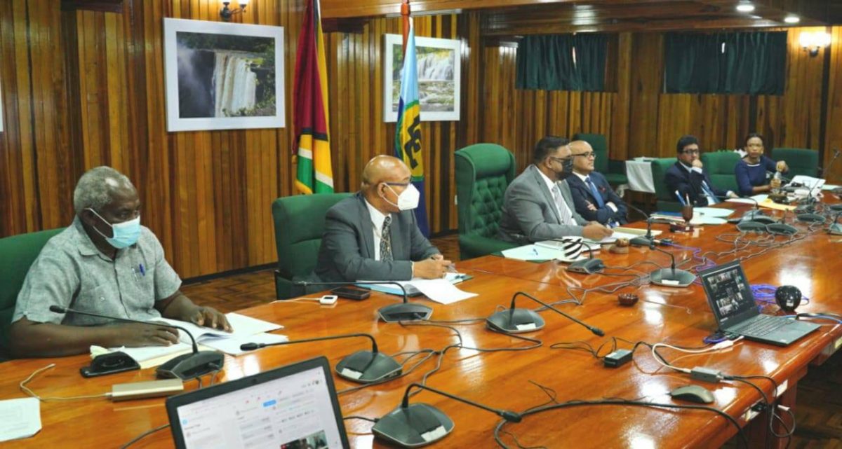 President Irfaan Ali [third from left) with government ministers and Vice President Bharrat Jagdeo during the conference. (Office of the President photo) 