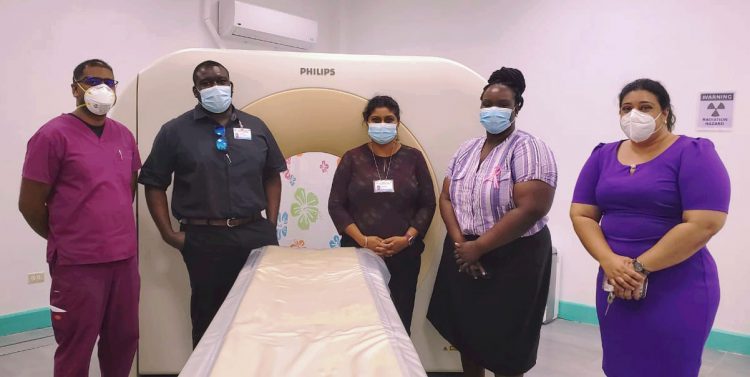 From left are  Dr. Tamesh Algu, Head of the Surgical Unit, NAPH;  Dr. Joel Joseph, Radiology Resident, GPHC;   Petal Surujpaul, Physicist at the GPHC; Dr. Vasanna Henry, Medical Superintendent, NAPH; and Dr. Vishalya Sharma, RHO, Region Six. (Ministry of Health photo)
