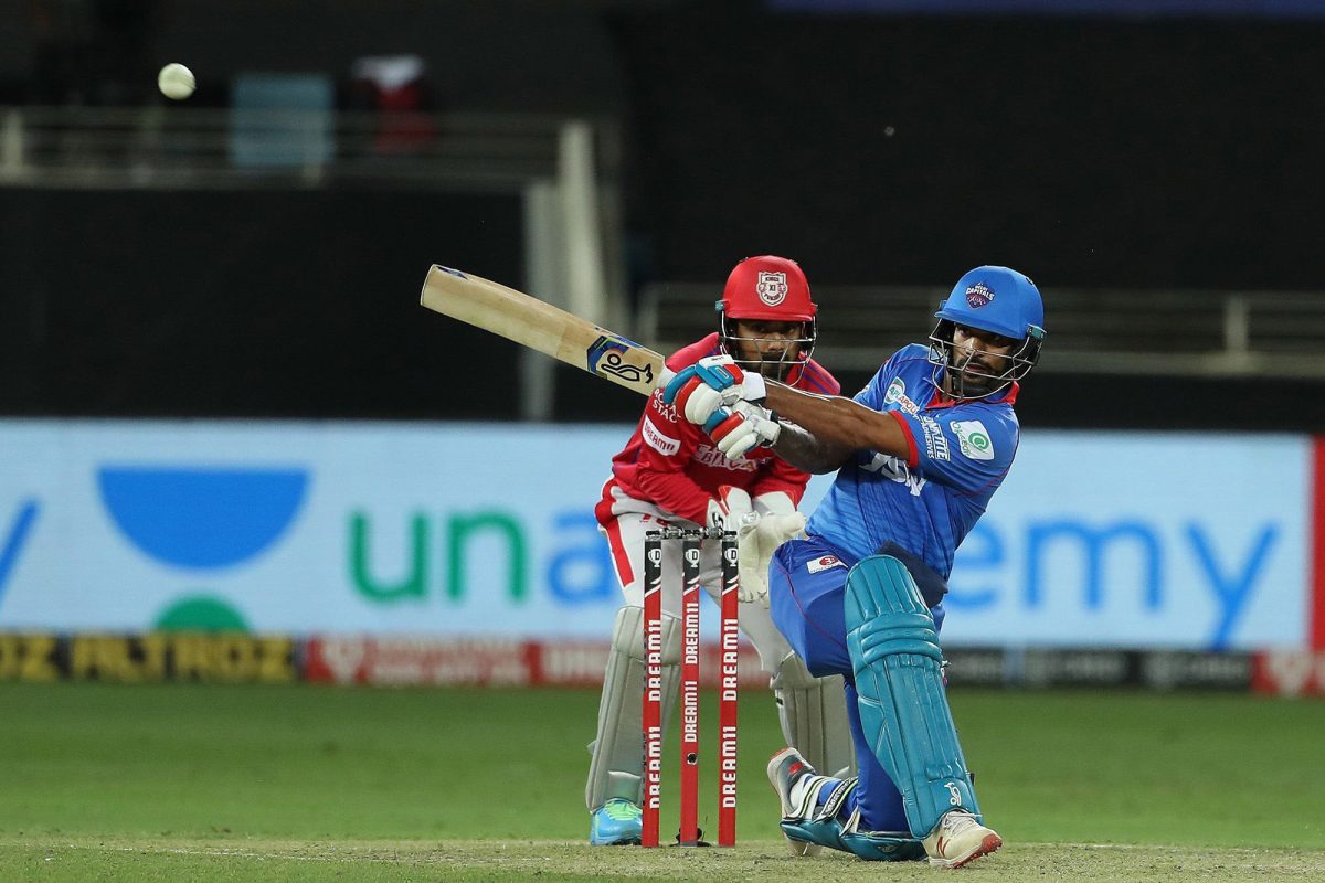 RECORD SETTER! Shikhar Dhawan of Delhi Capitals on the way to his century yesterday against the Kings XI Punjab at the Dubai International Cricket Stadium, Dubai, United Arab Emirates yesterday. Photo by: Ron Gaunt / Sportzpics for BCCI.