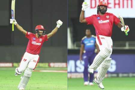 Chris Gayle and Manak Argawal celebrate their team’s double super over win in contrasting fashion. (Photo courtesy IPL website)