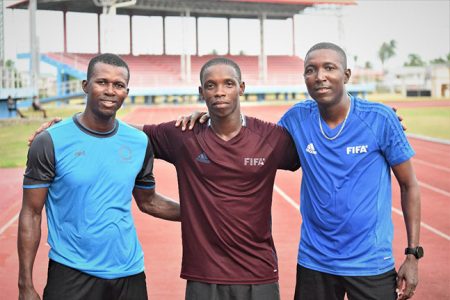 Participating match officials at the recently held Referees Fitness Test at the National Track and Field Center, Leonora from left to right Gladwyn Johnson, Kleon Lindey and Sherwin Johnson.