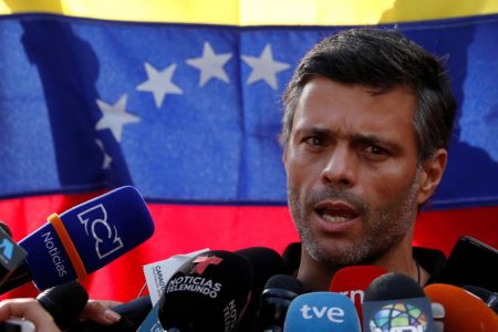 FILE PHOTO: Venezuelan opposition leader Leopoldo Lopez talks to the media at the residence of the Spanish ambassador in Caracas, Venezuela May 2, 2019. REUTERS/Carlos Garcia Rawlins
