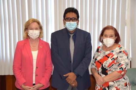From left are US Ambassador Sarah-Ann Lynch, Attorney General Anil Nandlall and Minister of Parliamentary Affairs and Governance, Gail Teixeira. (Attorney General’s Chambers photo)