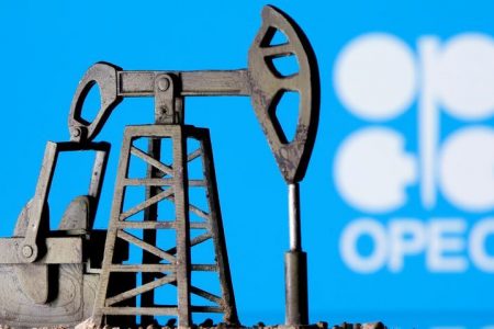 FILE PHOTO: A 3D printed oil pump jack is seen in front of displayed Opec logo in this illustration picture, April 14, 2020. REUTERS/Dado Ruvic/Illustration/File Photo
