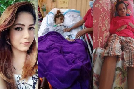 BEFORE AND AFTER: A series of photographs shows accident victim Reanna Ashley Gobadan in happier times, her mother Jameena Chaitan, comforting Reanna at the Sangre Grande Hospital last month, and her recovering at her Mayaro home recently. 