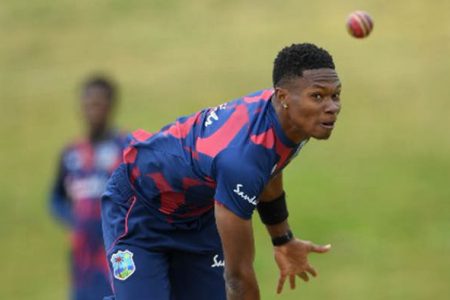 Fast bowler Keon Harding sends down a delivery during a net session on last July’s tour of England.

