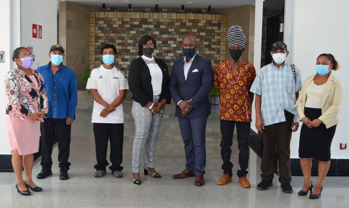 APNU+AFC’s Region Eight candidates yesterday at the Arthur Chung Conference Centre, where they were due to be sworn in as members of the Regional Democratic Council. From left are Norma Sebastian, Gordon Scipio, Nicodemus Francis, Hyacinth Joseph, Collin Nicholson, Noel Thomas and Graty Edwards.
