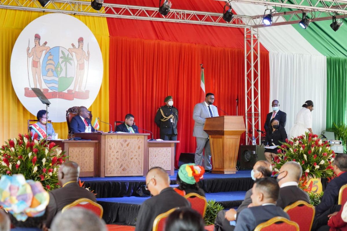President Irfaan Ali addressing the National Assembly sitting in Paramaribo. (Office of the President photo) 