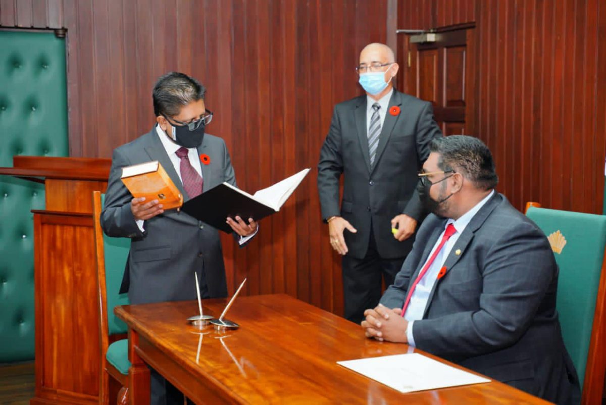 Dr Ashni Singh taking the oath yesterday before President Irfaan Ali (Office of the President photo)
