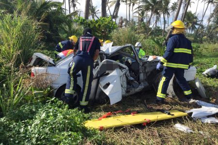Fire officers at the crash site on the Manzanilla stretch in which Sacha Surujbally, 21, and her three-month baby Syriah died yesterday.