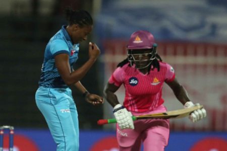 Fast bowler Shakera Selman celebrates the wicket of Barbados and West Indies teammate Deandra Dottin.

