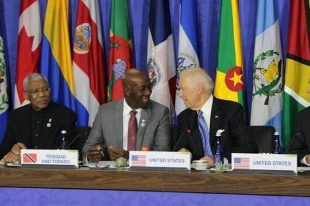 FLASHBACK: Prime Minister Dr Keith Rowley, (centre) and US President-elect Joe Biden share a light moment during the Caribbean Energy Security summit, back in May 2016. At left is Guyana's former President David Granger