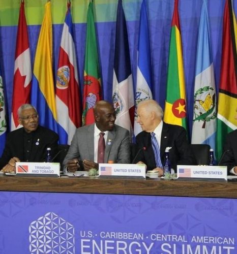 FLASHBACK: Prime Minister Dr Keith Rowley, (centre) and US President-elect Joe Biden share a light moment during the Caribbean Energy Security summit, back in May 2016. At left is Guyana's former President David Granger