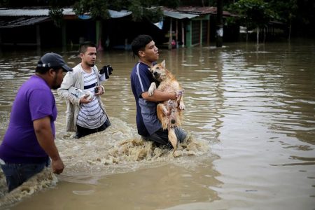 A man carries his dog as he walks with other people through a flooded street during the passage of Storm Eta, in La Lima, Honduras November 5, 2020. REUTERS/Jorge Cabrera
