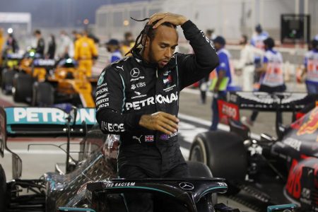 Lewis Hamilton celebrates after winning yesterday’s Bahrain Formula One  Grand Prix. (Reuters photo)