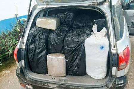 Large parcels of what the police said is ganja, valued at approximately $5.2 million, are seen in the back of this Nissan Ad Wagon yesterday in Buff Bay, Portland. Police arrested the driver of the car which was involved in a two-vehicle crash when the drugs were found