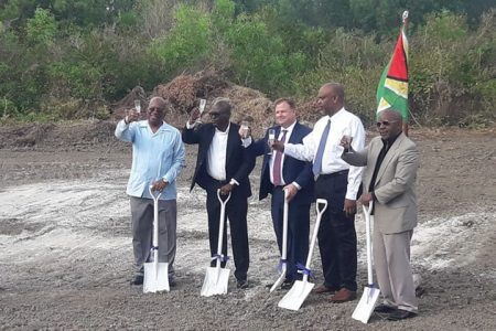 Mike Elliott (centre) at a sod turning for the hotel at Ogle in February of this year. From left are: former Minister of Finance Winston Jordan, former acting Head of NICIL Colvin Health-London, Eliott, Edmon Braithwaite and another representative.