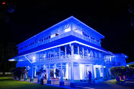 In solidarity: State House, the official residence of the President and First Family, was lit up in blue last night in a symbolic show of support for children’s rights as Guyana joined global World Children’s Day celebrations. (UNICEF Guyana photo)