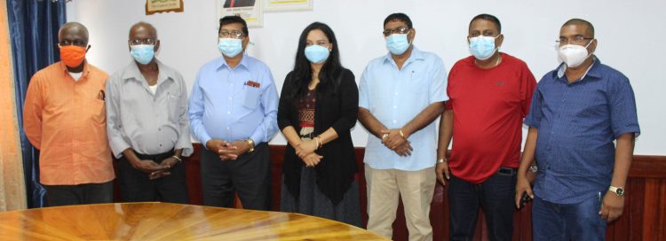 From left are Phillip Rose, Chairperson of New Amsterdam/Berbice River board, Thakoor Persaud, Chairperson East Central Corentyne board, Bhupal Jagroo, Chairperson of Lower Corentyne - Canje board, Minister of Human Services and Social Security, Vindhya Persaud, Regional Chairman David Armogan, Regional Vice Chairman Zamal Hussain, and Regional Executive Officer Narindra Persaud.
