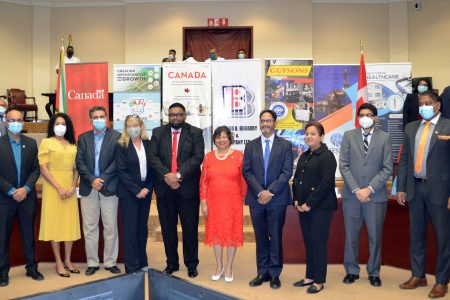 President Irfaan Ali and Canadian High Commissioner Lilian Chatterjee flanked by members of the Canada Guyana Chamber of Commerce at yesterday’s launch. 