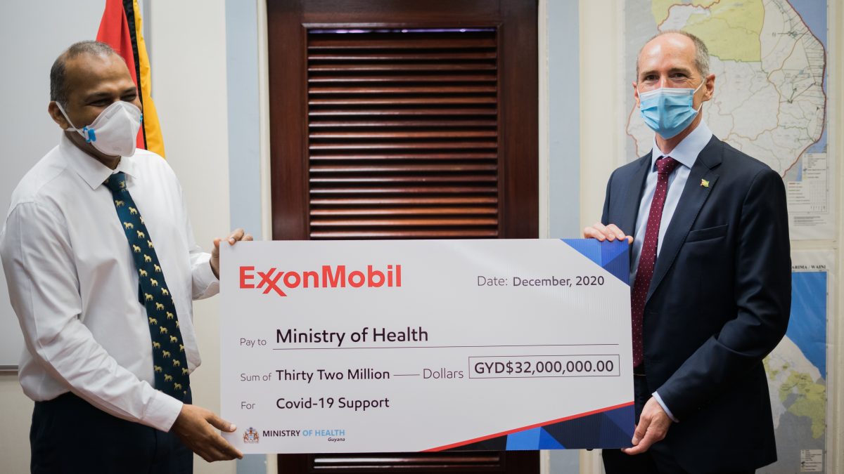 In this ExxonMobil photo are Minister of Health Dr Frank Anthony (left) and President of ExxonMobil Guyana, Alistair Routledge (ExxonMobil photo)