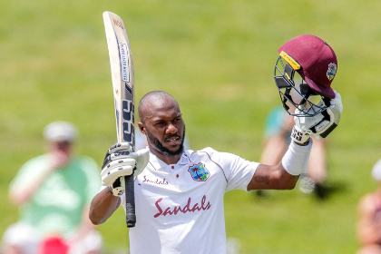 Jermaine Blackwood celebrates his second Test hundred in the opening Test at Seddon Park yesterday. 