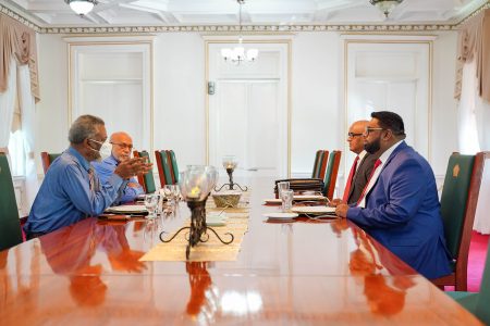 At right are President Irfaan Ali and Bharrat Jagdeo. At left are Sam Hinds and Donald Ramotar. (Office of the President photo)