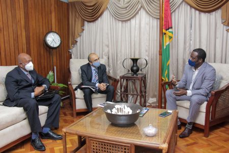From right are Minister of Foreign Affairs Hugh Todd,  Manager of the CNOOC Regional Office, Anand Gohil and Senior Advisor on Government Relations,  Bayney Karran. (Ministry of Foreign Affairs photo)
