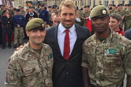 Sergeant Major Kirtland Gill (right) is seen here with England rugby captain Chris Robshaw (centre) and CSgt Steven Walker in 2016. The Jamaican credits Dennis Clarke, former principal of St Thomas Technical High School, for imparting strong discipline in his teenage years.
