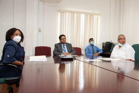 Senior Minister of Finance Dr. Ashni Singh (second from left), Head of the Project Cycle Management Division (PCMD),  Tarachand Balgobin (right) and PCMD’s Senior Economics and Financial Analyst  Ronette Hetsberger-Murray (left) during the meeting. (DPI photo)