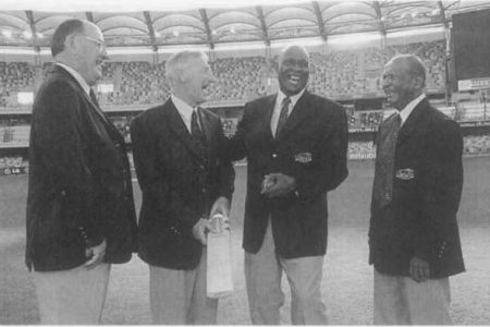 Forty years later (December 2000): The four main actors in that fatal 7th delivery of the final over of the match return to the Gabba, Brisbane: (left to right) Meckiff, Kline (1934- 2015), Hall and Solomon